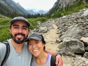 Selfie of couple hiking Grand Tetons