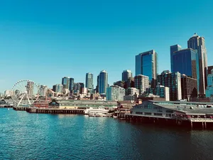 Seattle skyline from a ferry on a clear day