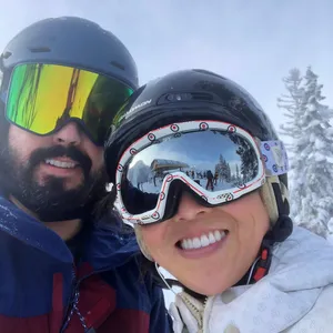 Selfie of man and woman on ski slope