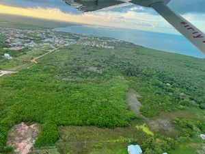 View from prop plane of greenery and ocean