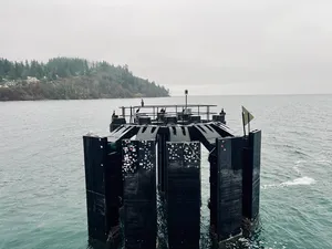 Floating structure near the shore on a foggy day