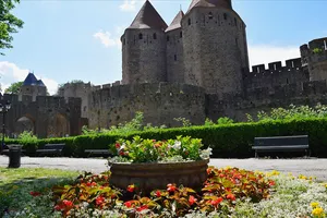 Flowers in front of a medieval fortress