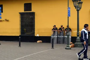 Three police with riot shields and a napping dog