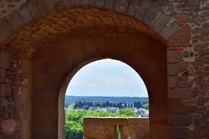 View of Carcassonne through a fortress tunnel