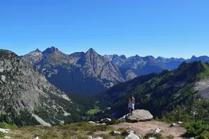 Woman looking out over the North Cascades