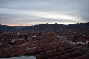 View of Cusco at dusk from rooftoop