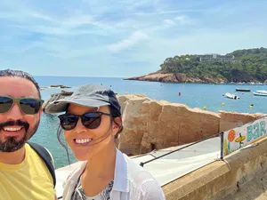 Selfie of a couple above the Mediterranean Sea