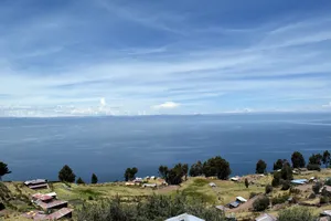 View over green countryside and water