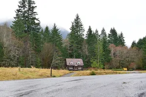 A house in front of tall trees