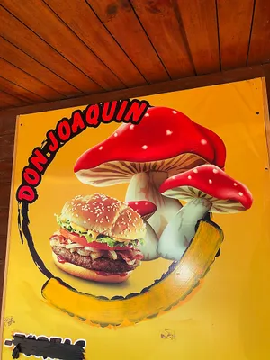 Restaurant sign with burger and psychedelic mushrooms