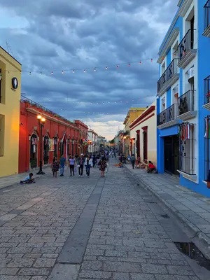 Pedestrian street with colorful buildings